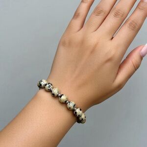 •Dalmatian Jasper Gemstone Beaded Stretch Bracelet, 6”